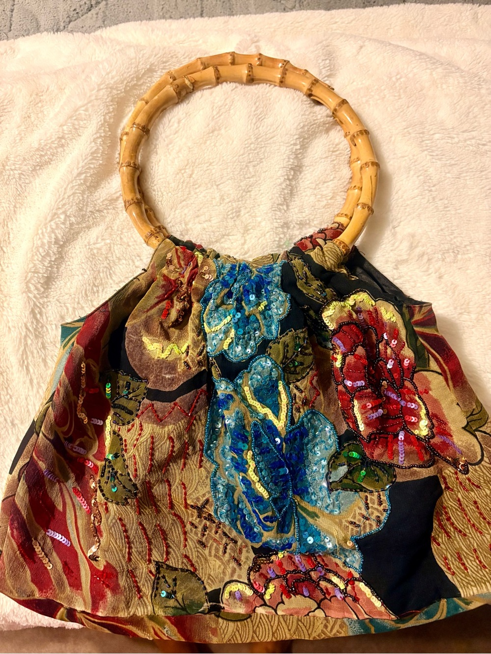 Vintage Y2K Christiana Sequin Floral Handbag Bamboo Handle Beaded Boho Purse